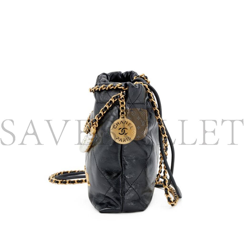 CHANEL MASTER SHINY CRUMPLED CALFSKIN QUILTED PEARL MINI CHANEL 22 BLACK AS3980 (20*19*6cm)